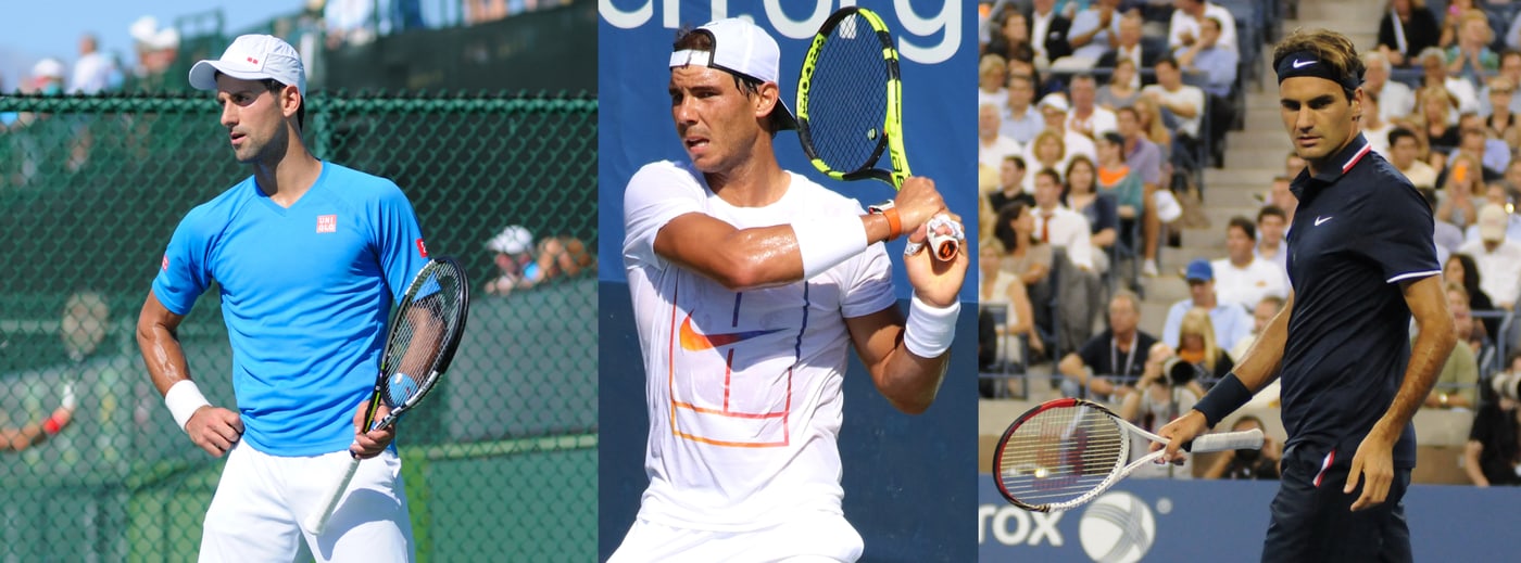 Novak Djokovic, Rafael Nadal e Roger Federer lado a lado, em fotos separadas